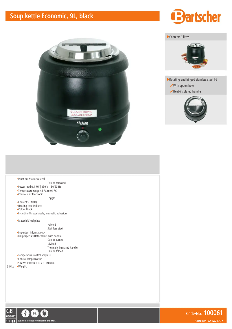 Page n°1 - Fiche technique Bartscher 100061