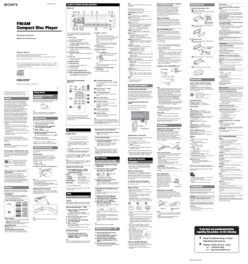 Page n°1 - Manuel utilisateur Sony CDX-GT07