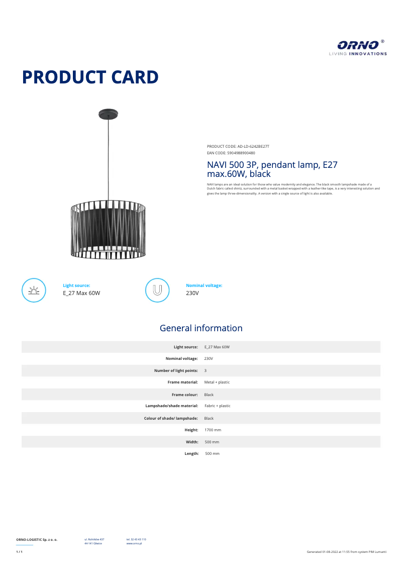 Page 1 de la notice Fiche technique Adviti AD-LD-6242BE27T