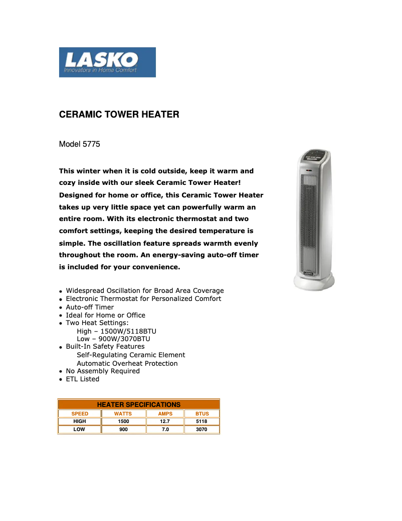 Page 1 de la notice Fiche technique Lasko 5775