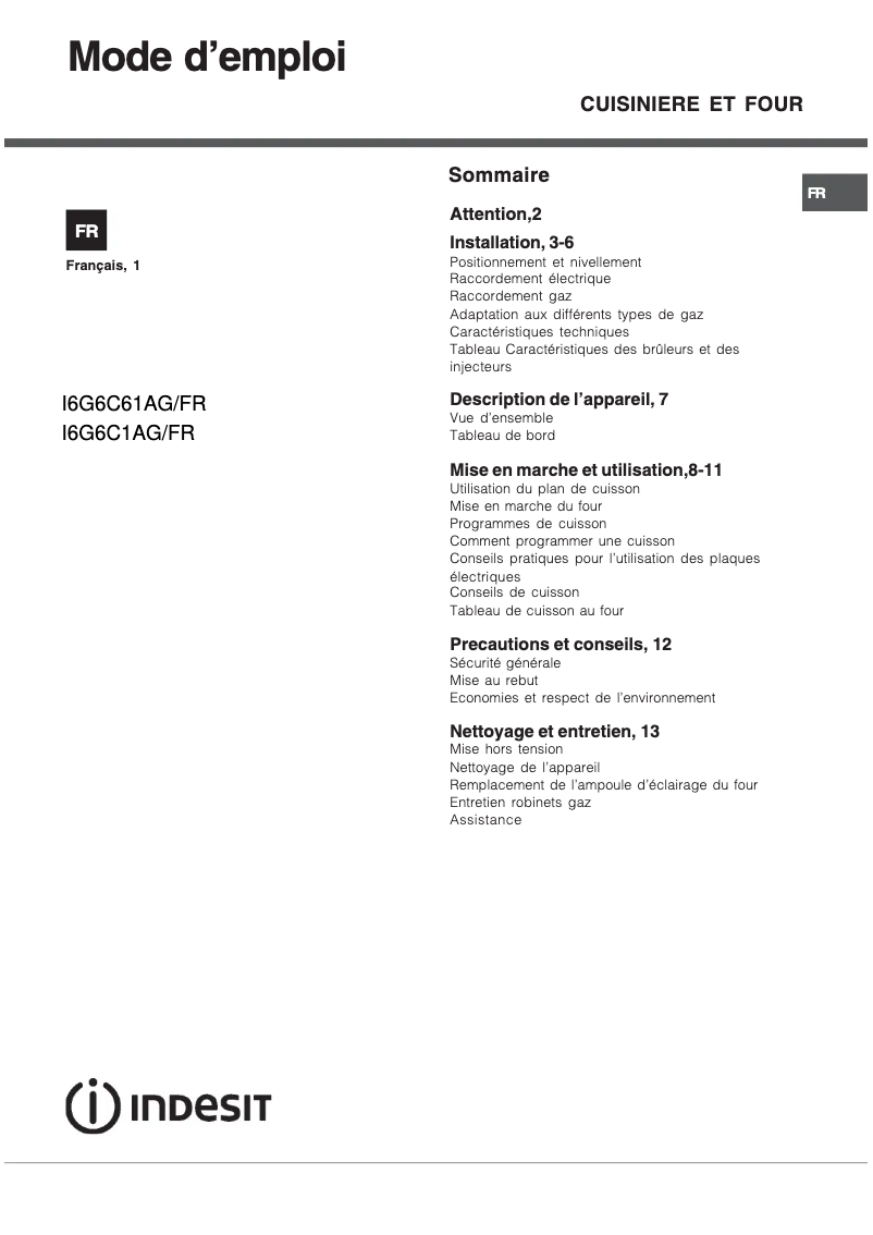 Page 1 de la notice Manuel utilisateur Indesit I6G6C1AG(W)/FR