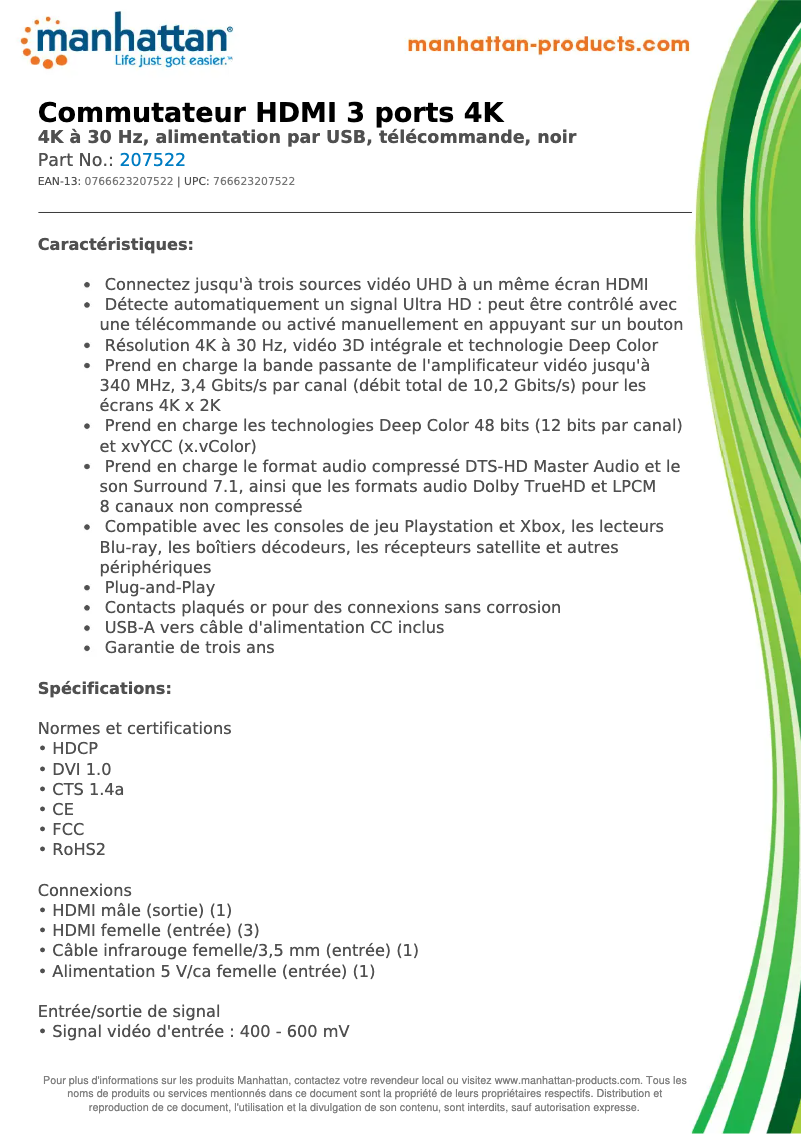 Page 1 de la notice Fiche technique Manhattan 207522