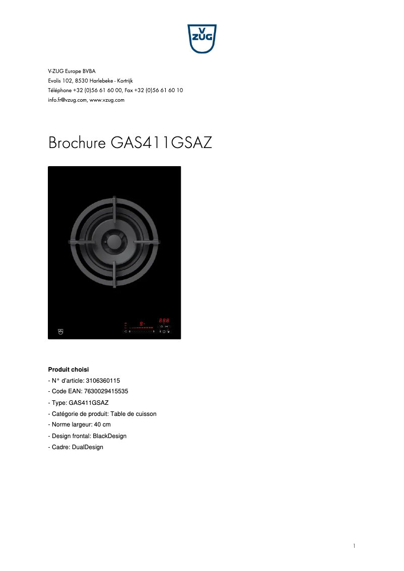 Page 1 de la notice Brochure V-Zug GAS411GSAZ