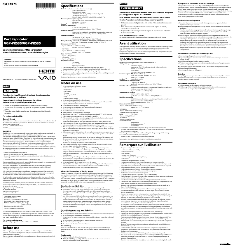 Image de la première page du manuel de l'appareil VAIO VGP-PRS30