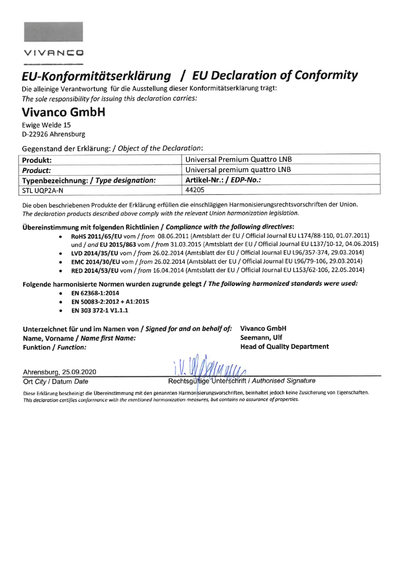 Page n°1 - Fiche technique Vivanco STL UQP2A-N