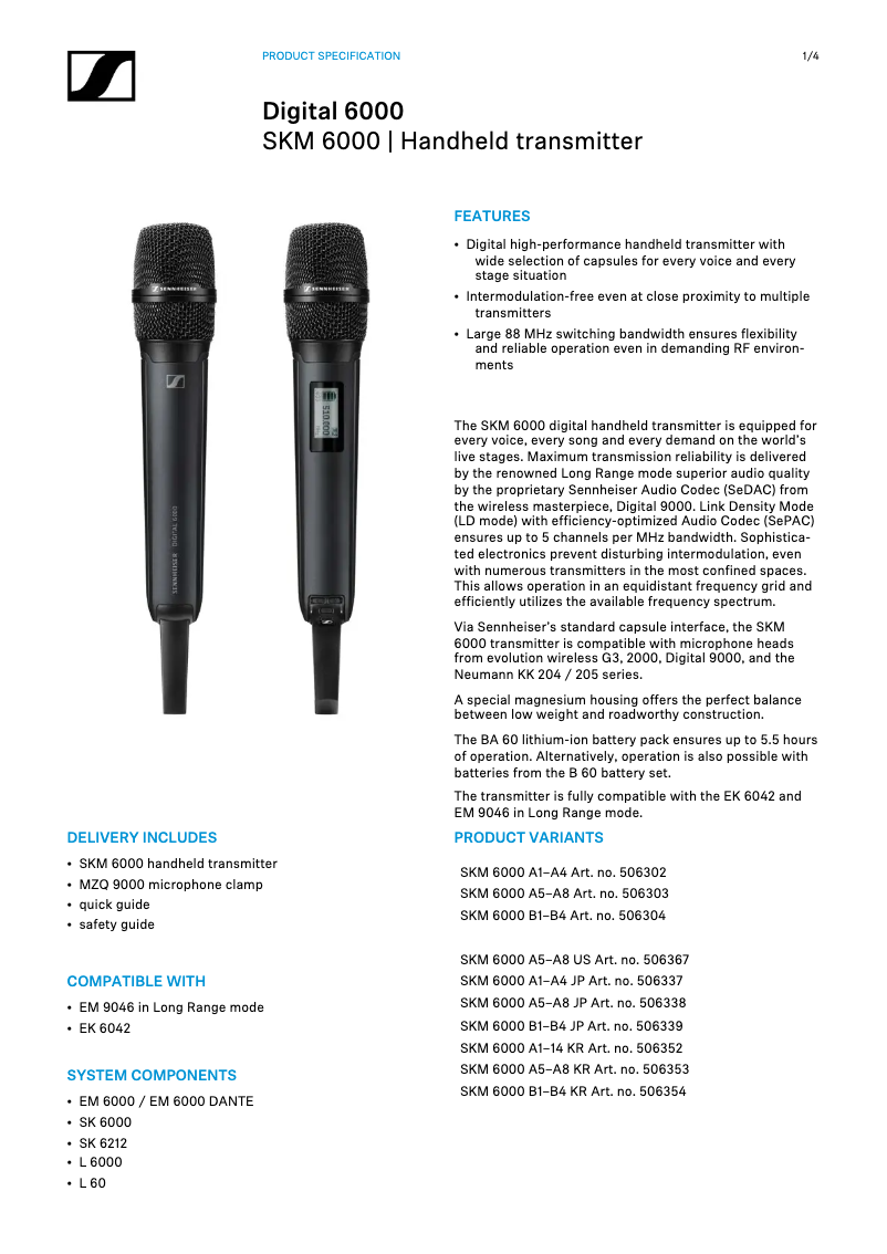 Page 1 de la notice Fiche technique Sennheiser SKM 6000