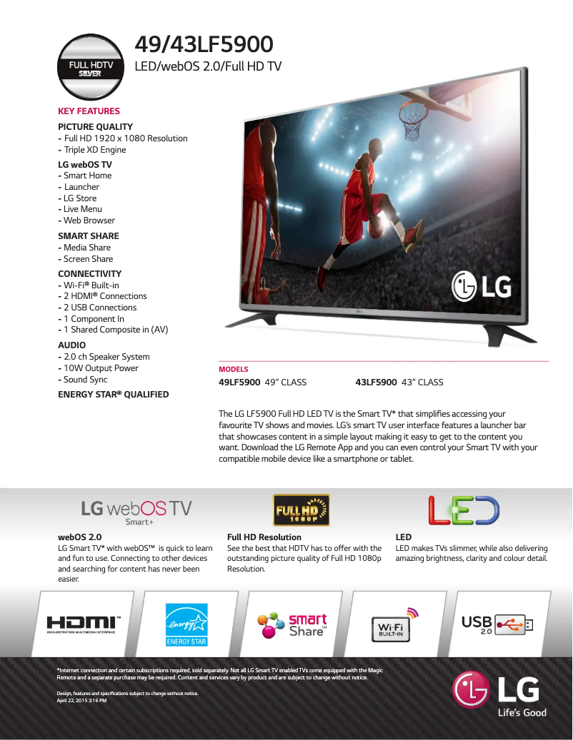 Página 1 del manual Ficha técnica LG 43LF5900