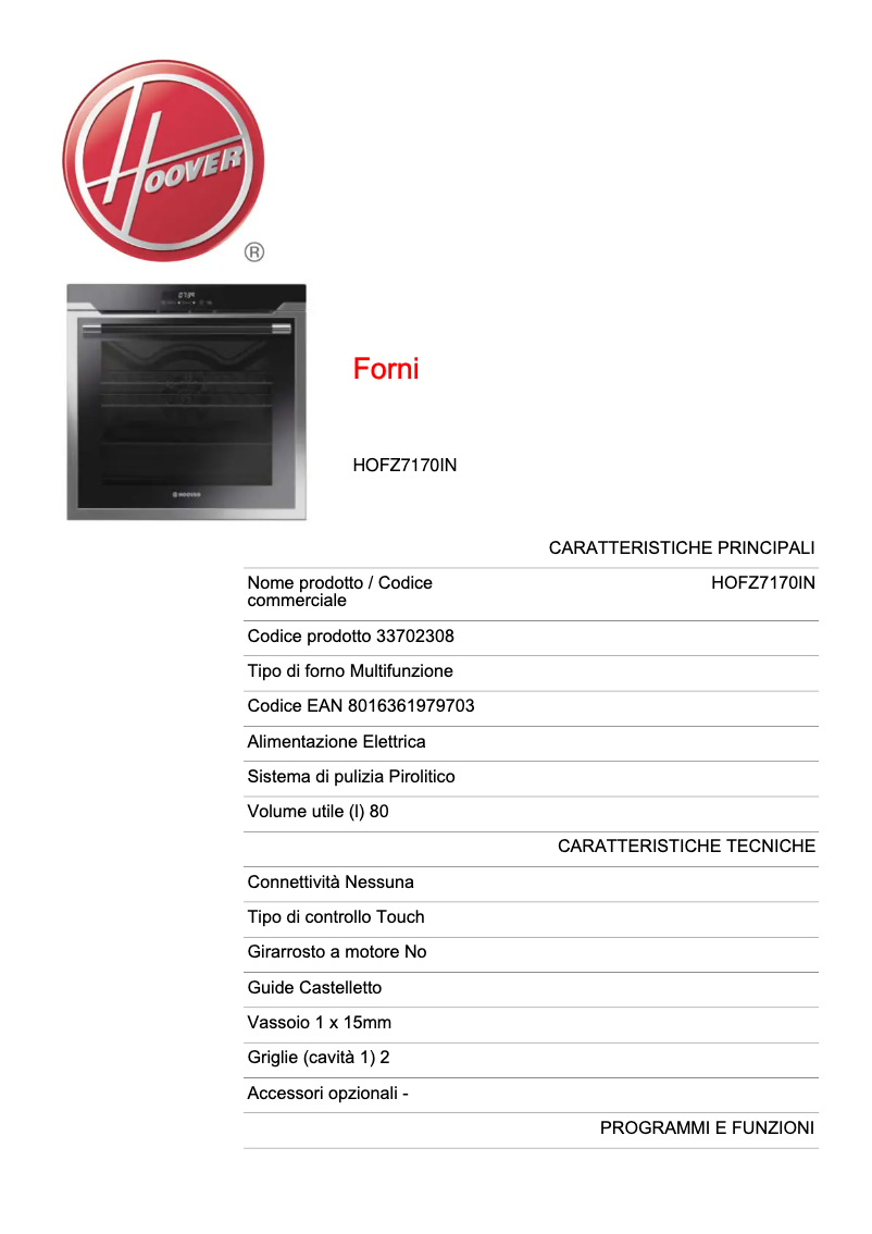 Página 1 del manual Ficha técnica Hoover HOFZ7170IN