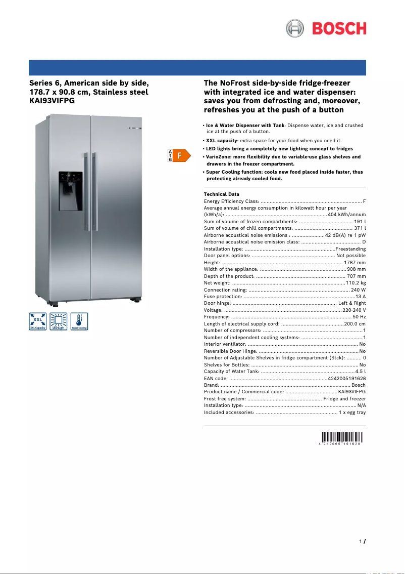 Page 1 de la notice Fiche technique Bosch Serie 6 KAI93VIFPG
