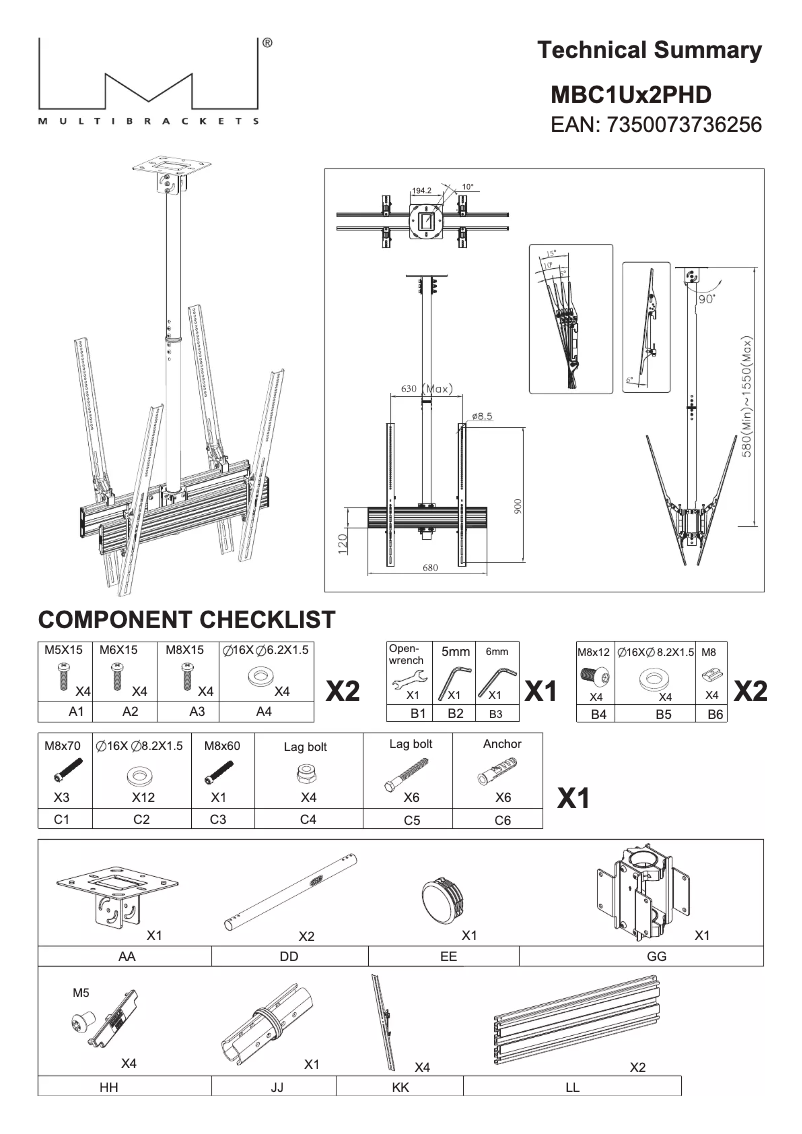 Page 1 de la notice Manuel utilisateur Multibrackets M Ceiling Mount Pro MBC1UX2PHD