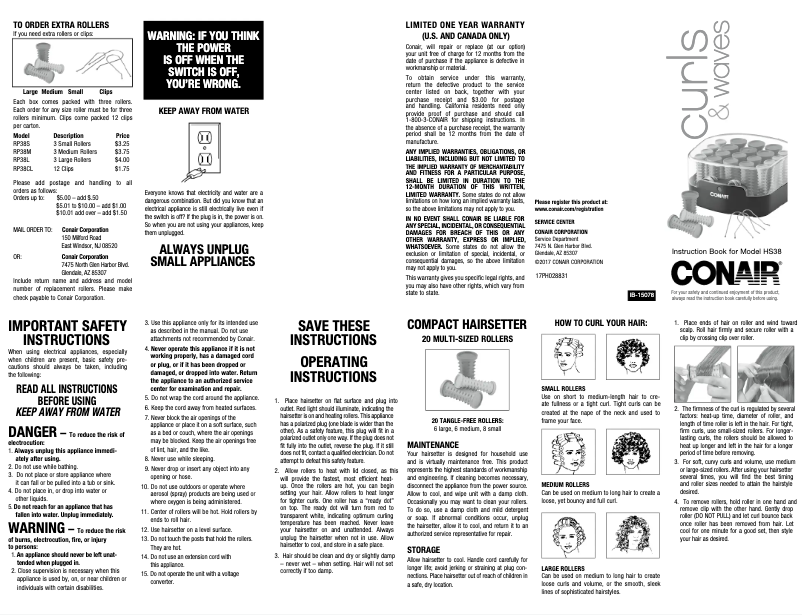 Page 1 de la notice Manuel utilisateur Conair HS83N