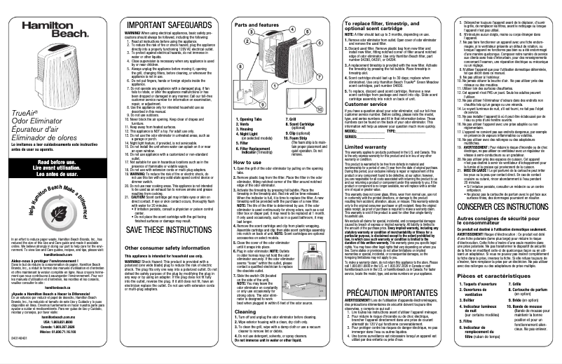Page n°1 - Manuel utilisateur Hamilton Beach TrueAir 04530GM