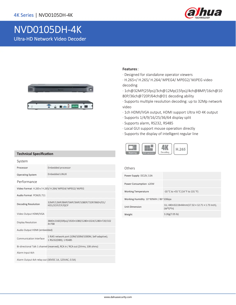 Page n°1 - Fiche technique Dahua Technology NVD0105DH-4K