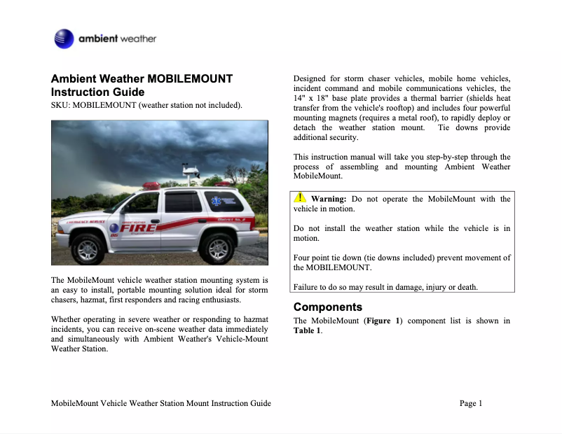 Page n°1 - Manuel utilisateur Ambient Weather MOBILEMOUNT