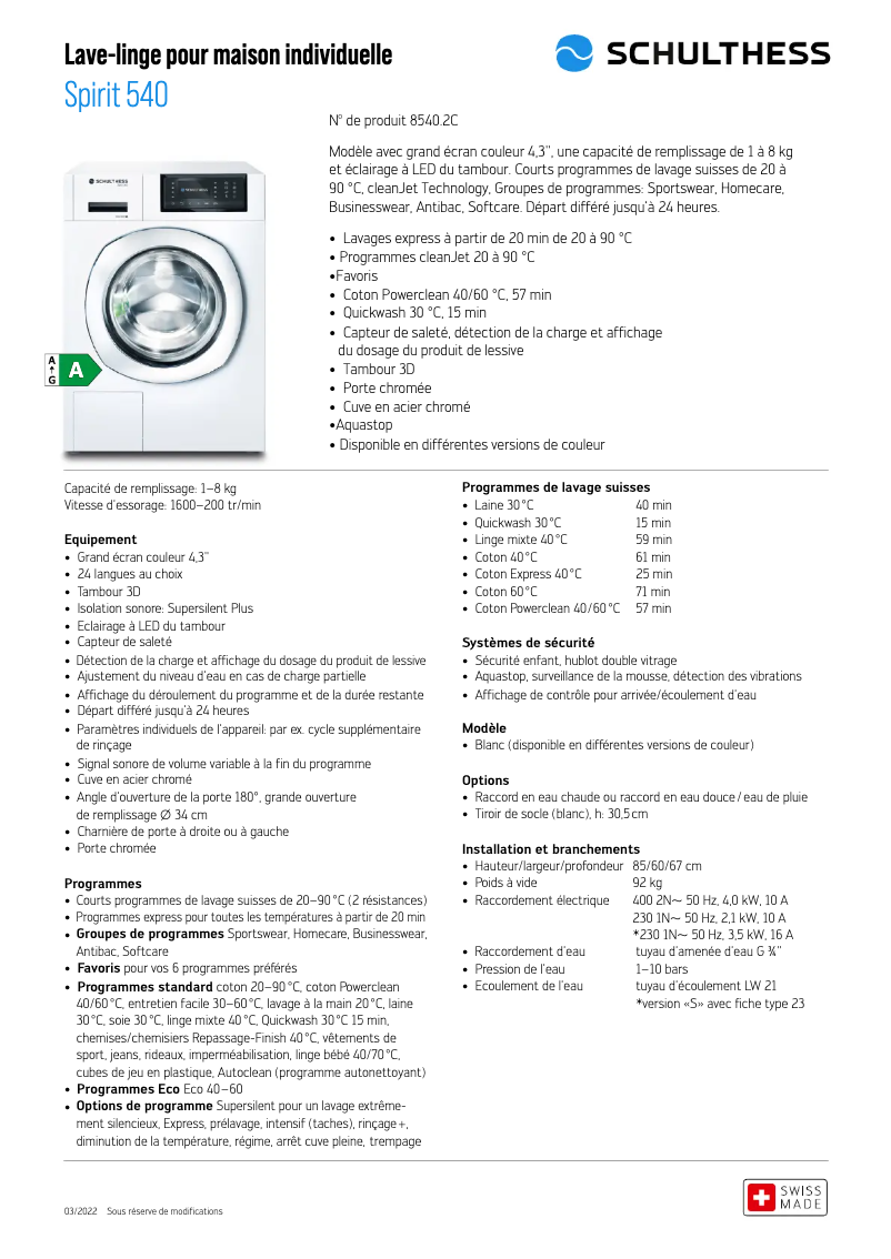 Page n°1 - Fiche technique Schulthess Spirit 540