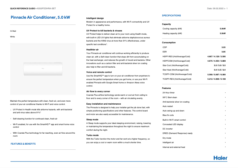 Page 1 de la notice Fiche technique Haier AS53PDDHRA