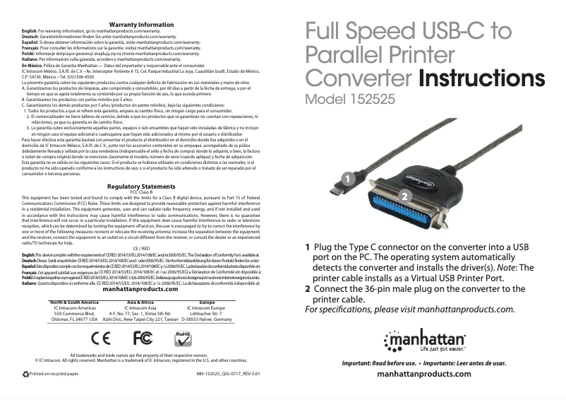 Page 1 de la notice Manuel utilisateur Manhattan 152525