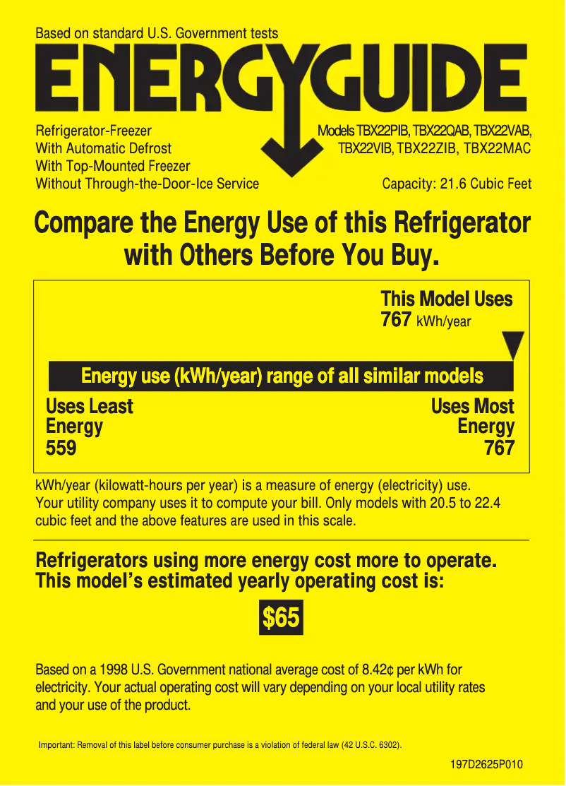 Page n°1 - Label énergétique GE Profile TBX22PIBAA