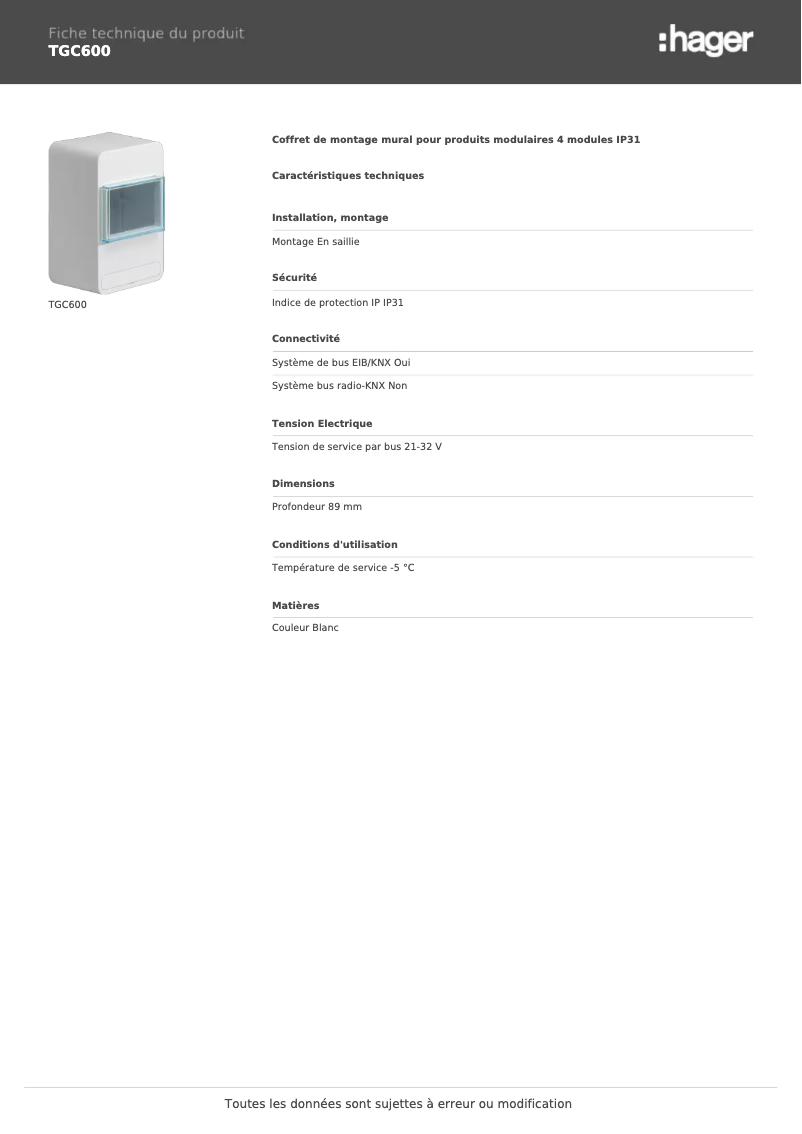 Page n°1 - Fiche technique Hager TGC600