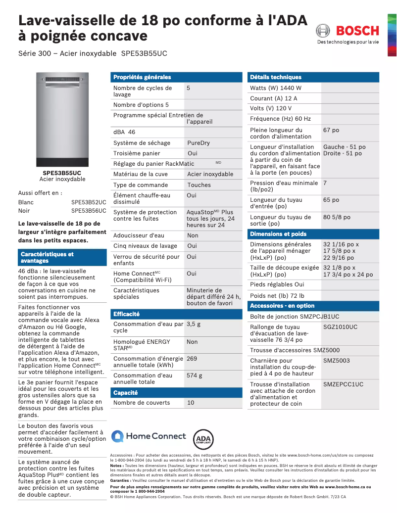 Página 1 del manual Ficha técnica Bosch SPE53B55UC