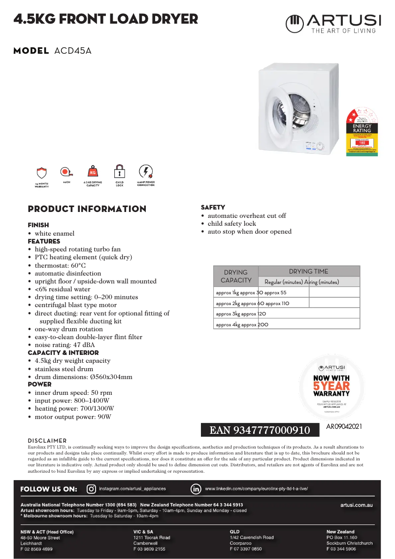 Page 1 de la notice Fiche technique Artusi ACD45A