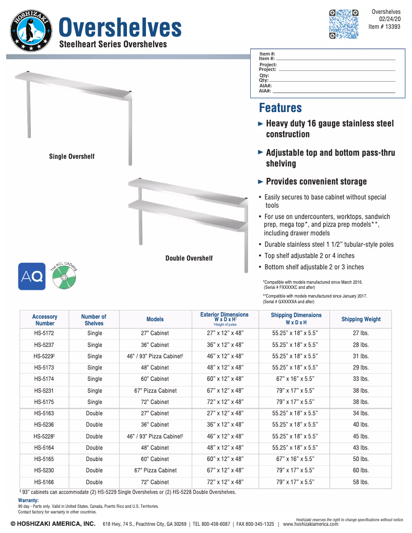 Page n°1 - Fiche technique Hoshizaki Steelheart HS-5165