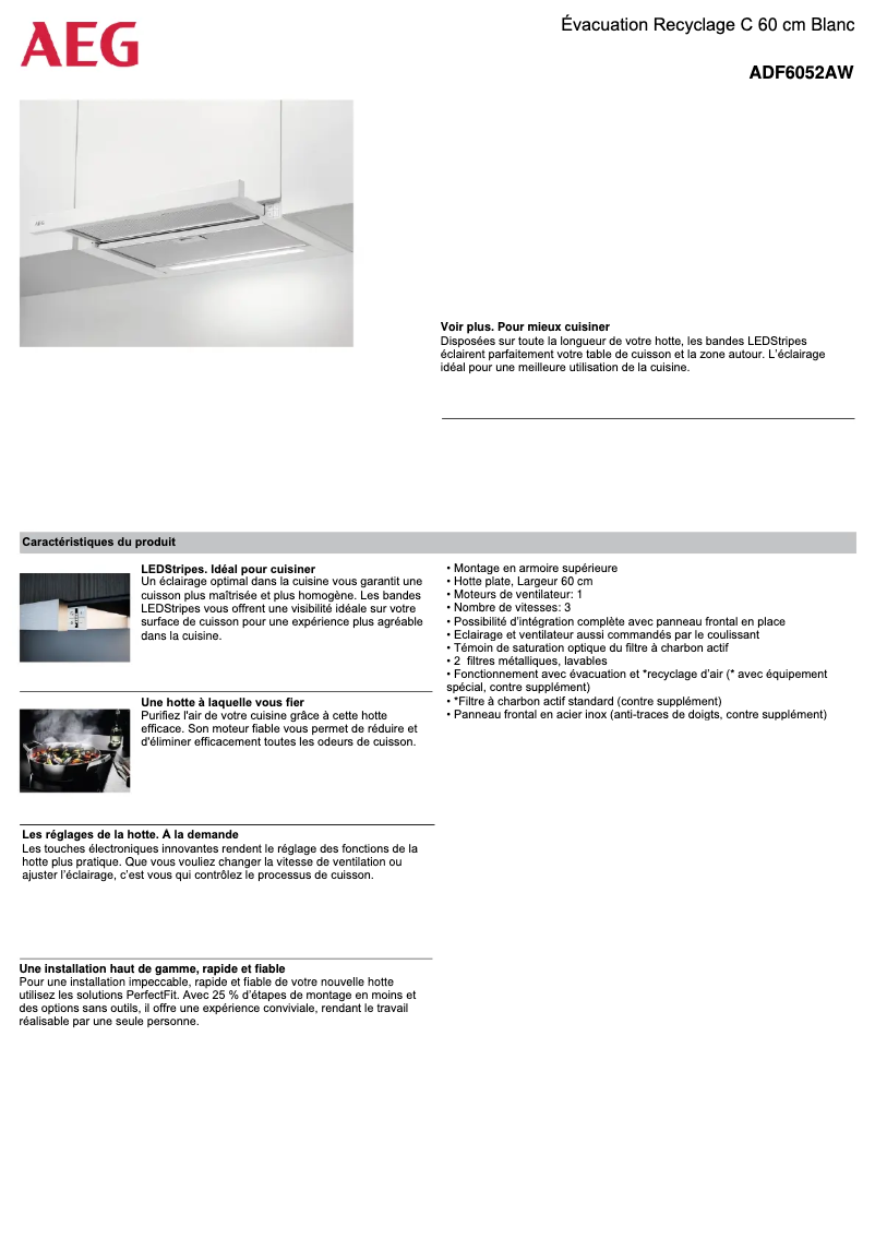 Page 1 de la notice Fiche technique AEG ADF6052AW
