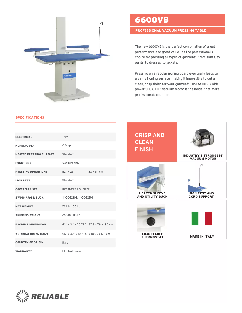 Page 1 de la notice Fiche technique Reliable 6600VB