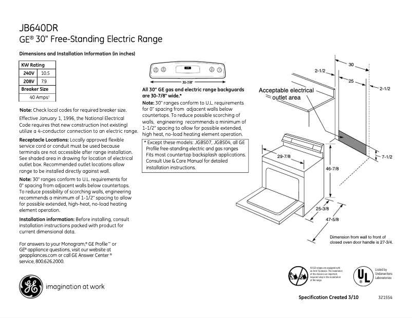 Page n°1 - Fiche technique GE JB640DRWW