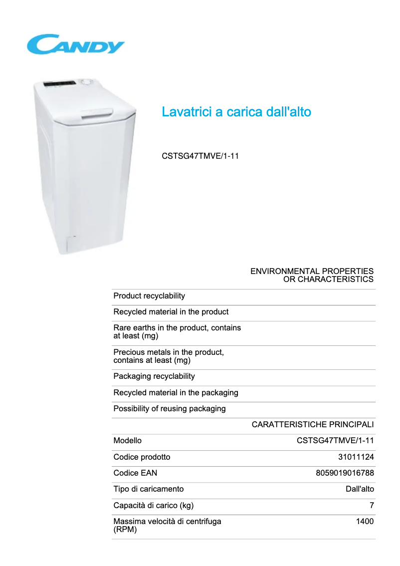 Page 1 de la notice Fiche technique Candy CSTSG47TMVE/1-11