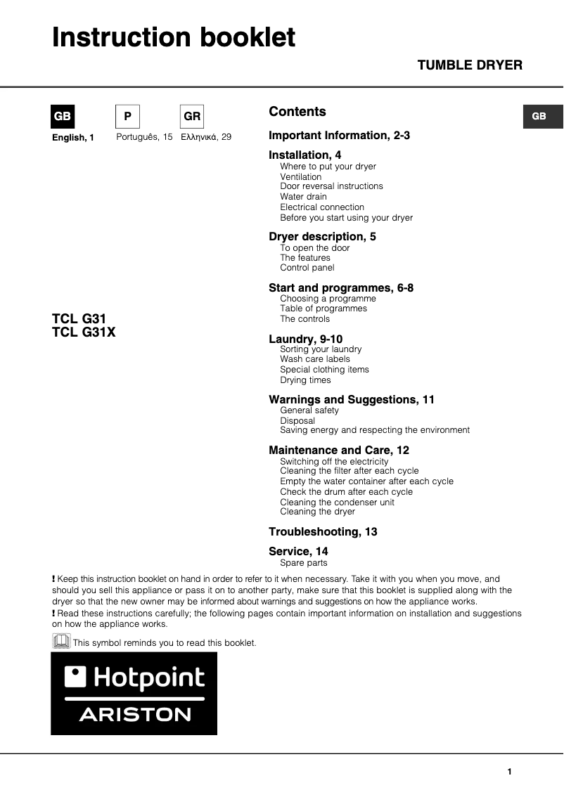 Page n°1 - Manuel utilisateur Hotpoint Ariston TCL G31 (EU)