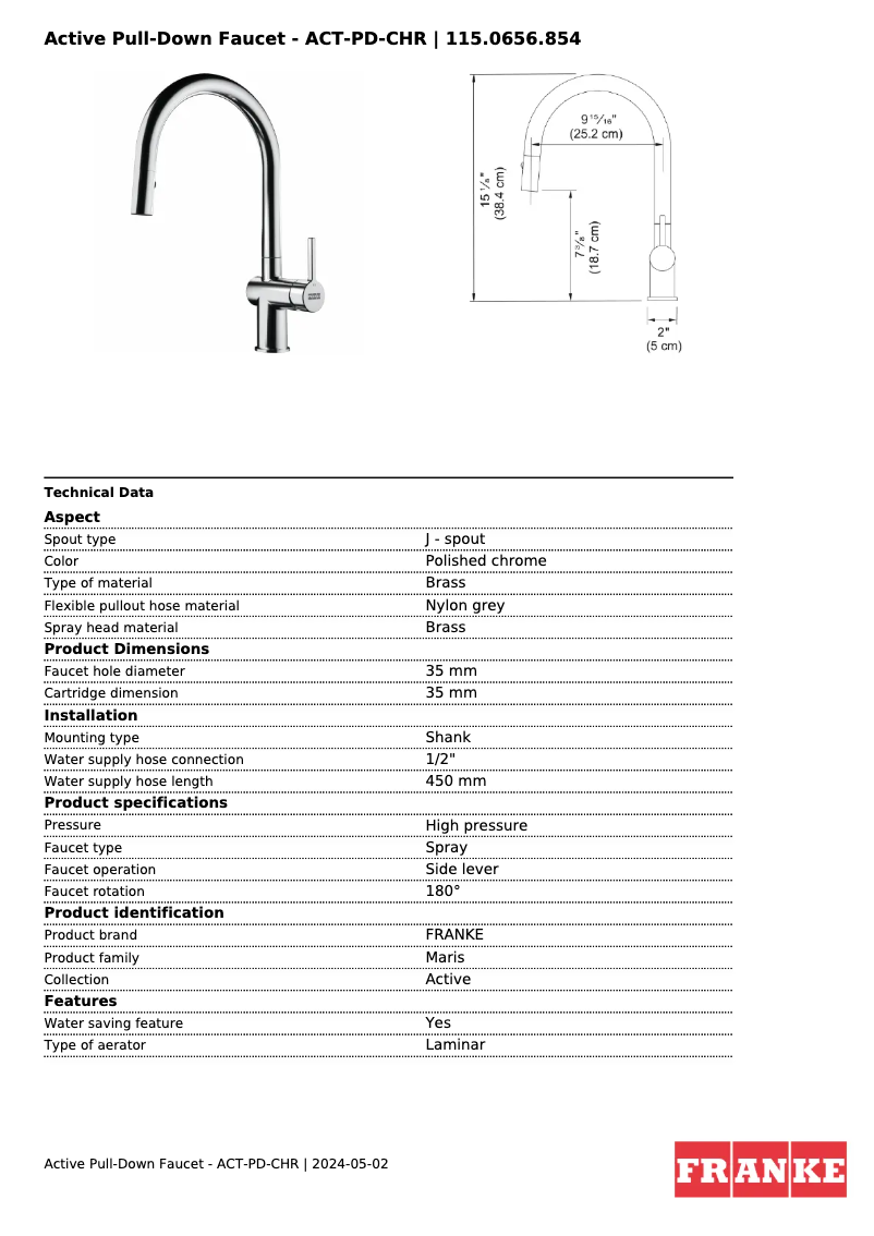 Page 1 de la notice Fiche technique Franke ACT-PD-CHR