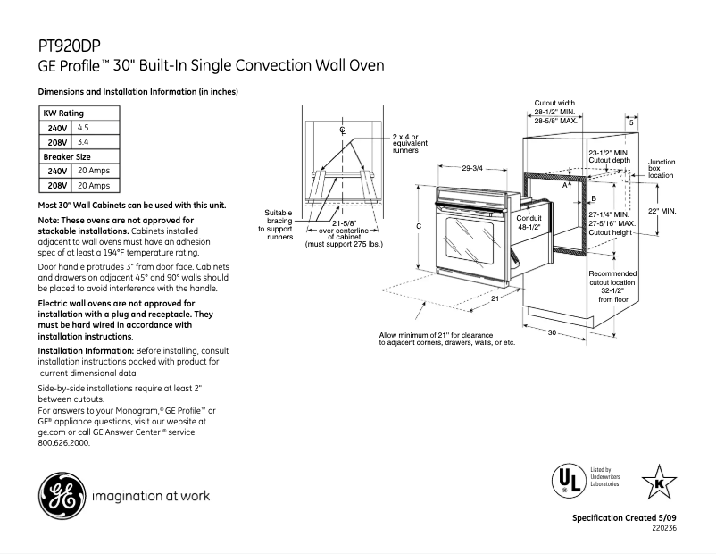 Página 1 del manual Ficha técnica GE Profile PT920DPBB