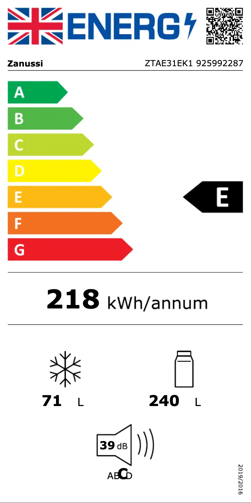 Page 1 de la notice Label énergétique Zanussi ZTAE31EK1