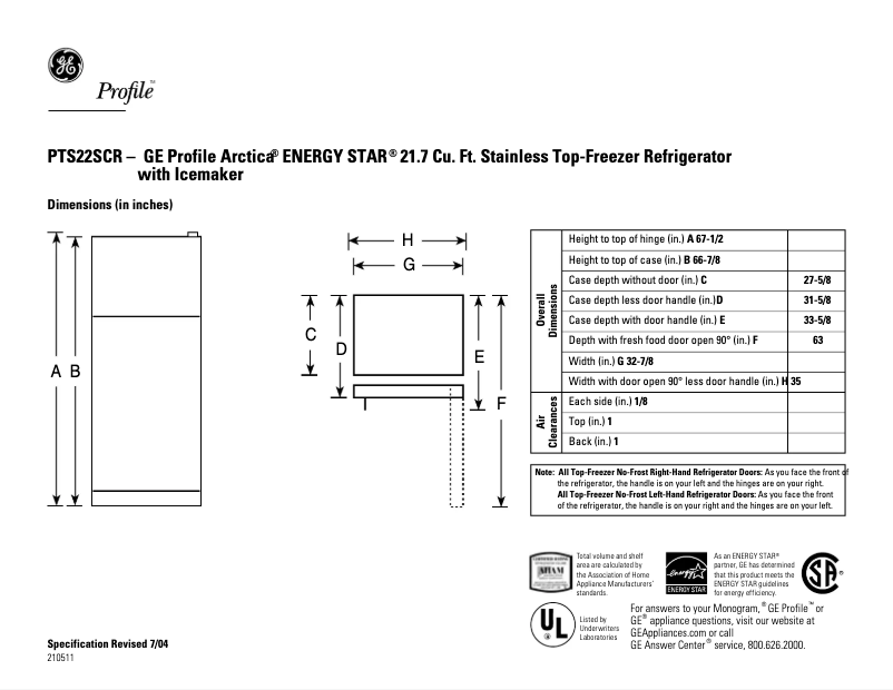 Page 1 de la notice Fiche technique GE Profile PTS22SCRBS