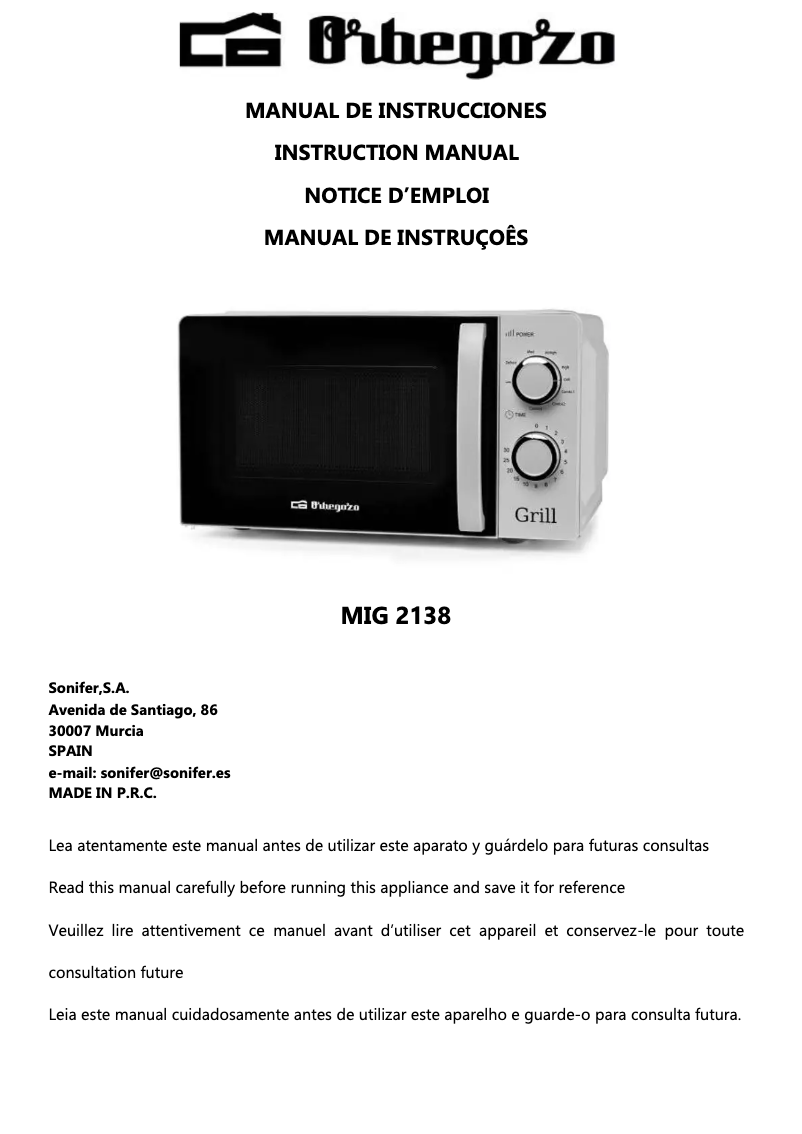 Página 1 del manual Manual de usuario Orbegozo MIG 2138
