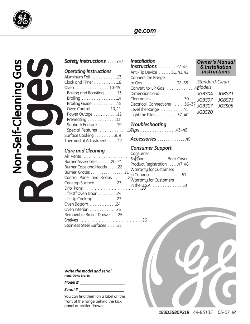 Page n°1 - Guide d'installation GE JGBS20BEAWH