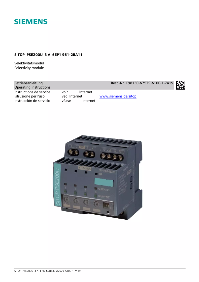 Image de la première page du manuel de l'appareil SITOP  PSE200U