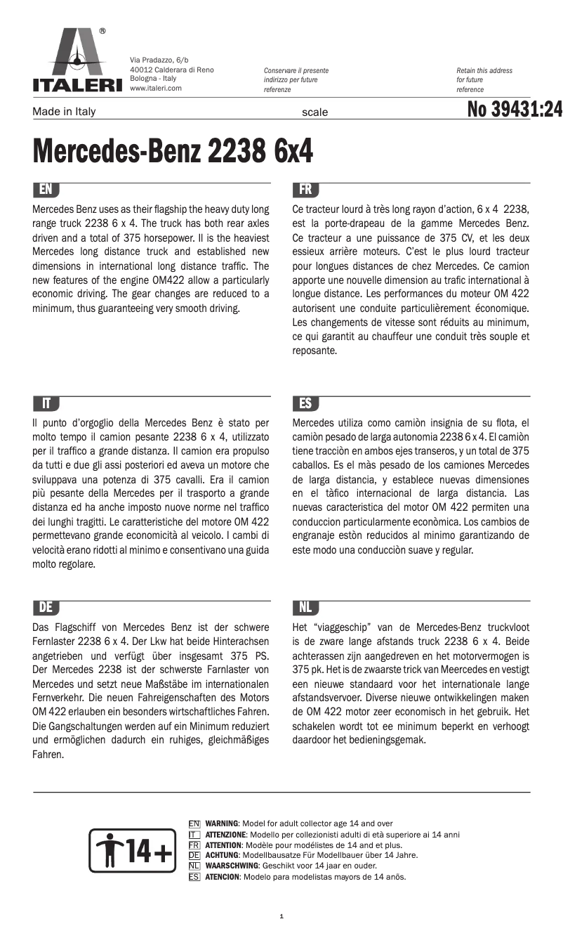 Page 1 de la notice Manuel utilisateur Italeri Mercedes-Benz 2238 6x4