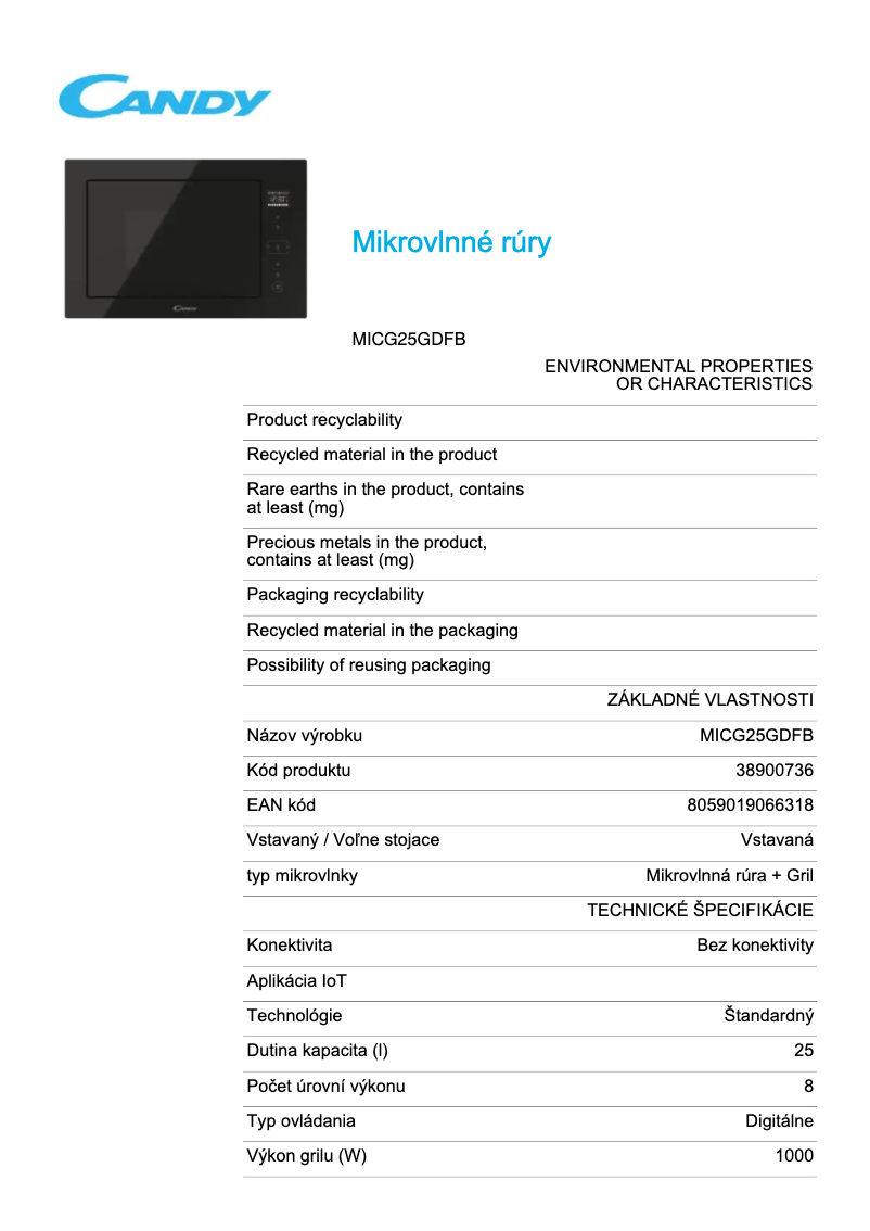 Page 1 de la notice Fiche technique Candy MICG25GDFB