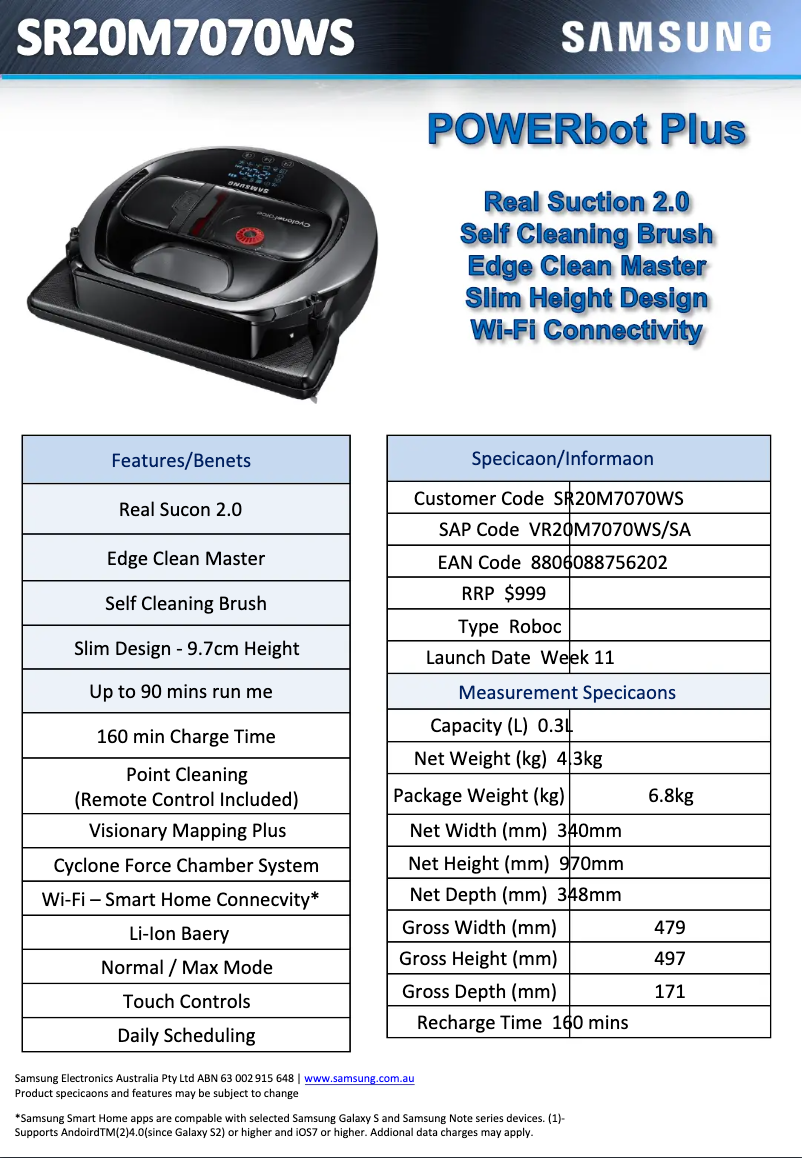 Page 1 de la notice Fiche technique Samsung SR20M7070WS