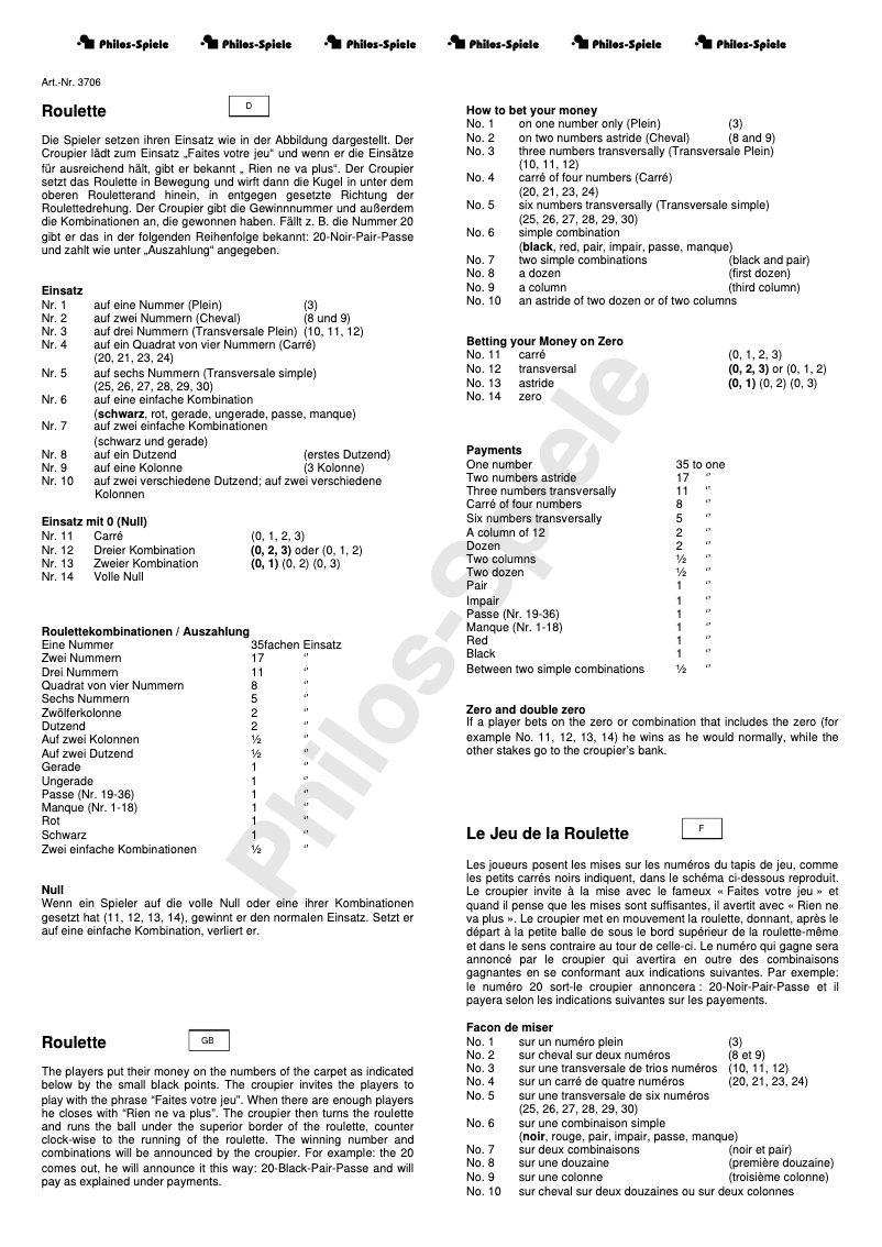 Image de la première page du manuel de l'appareil Roulette Set Design I