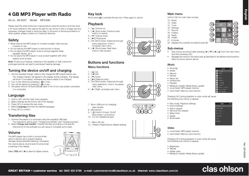 Page n°1 - Manuel utilisateur Clas Ohlson MP2406