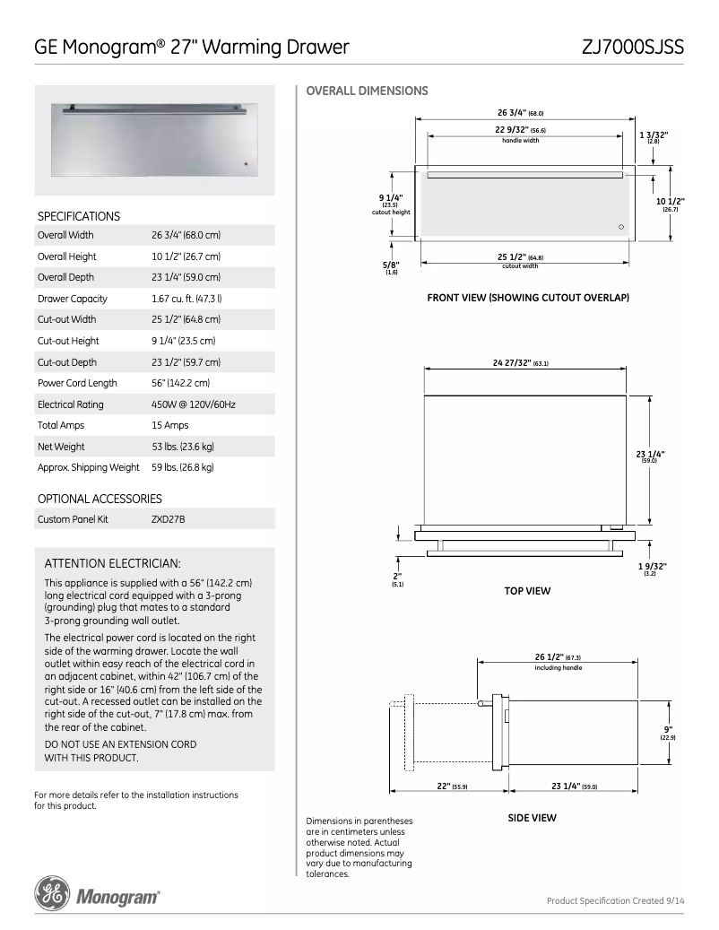 Page n°1 - Fiche technique Monogram ZJ7000SJSS
