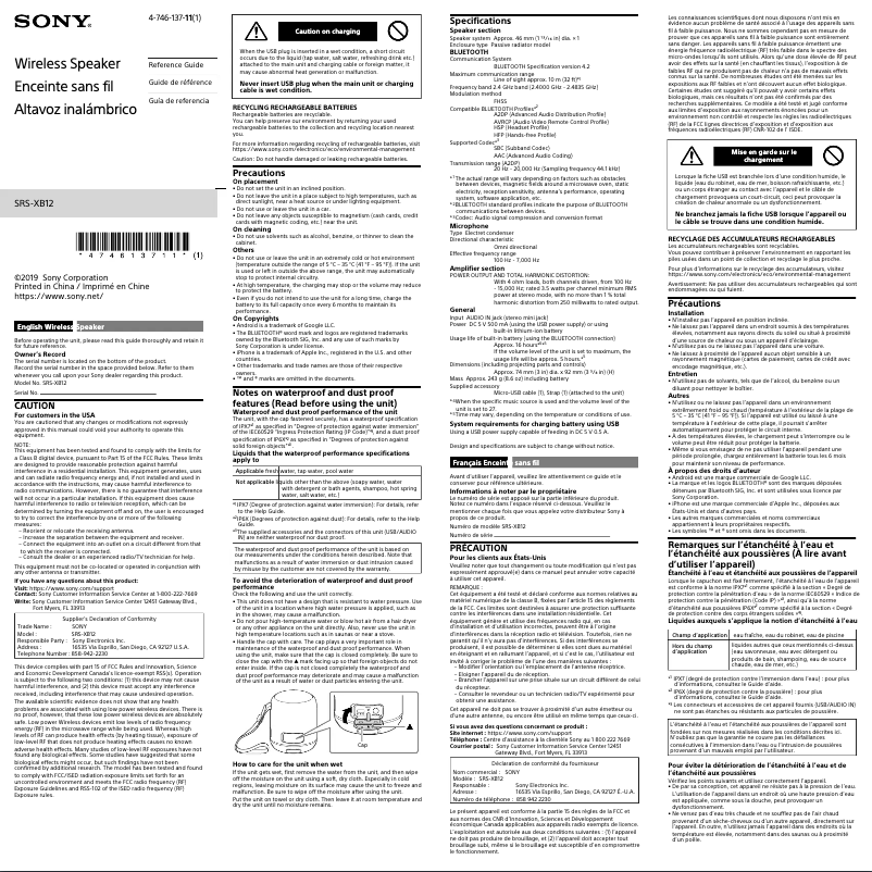 Image de la première page du manuel de l'appareil SRS-XB12