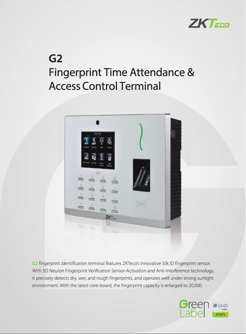 Page 1 de la notice Fiche technique ZKTeco G2