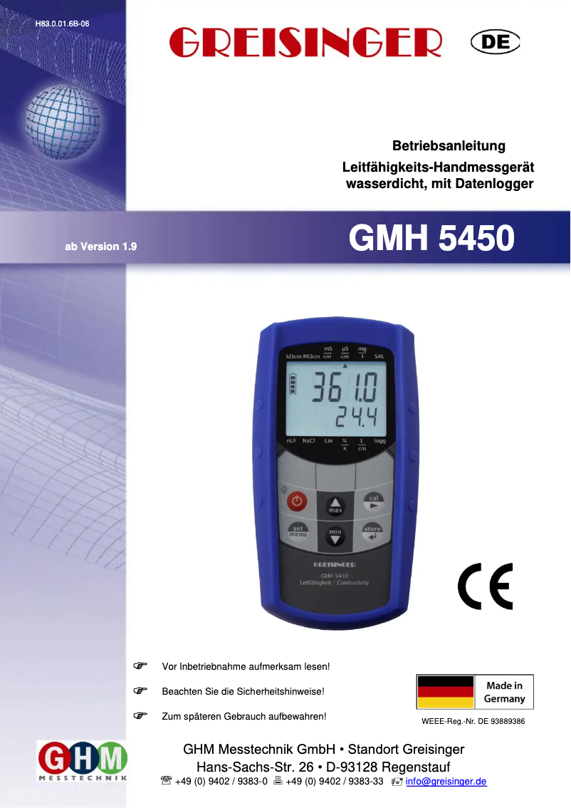 Page n°1 - Manuel utilisateur Greisinger GMH 5450