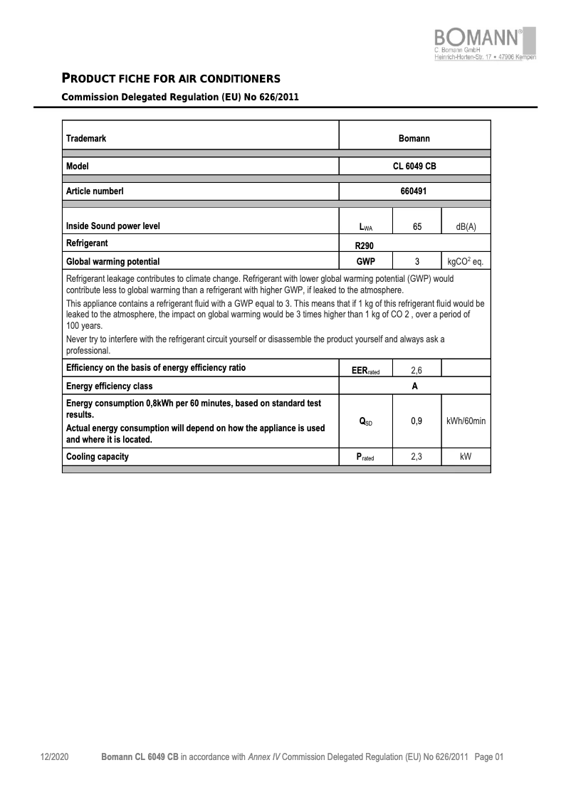 Página 1 del manual Ficha técnica Bomann CL 6049 CB