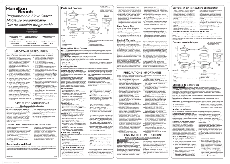 Page 1 de la notice Manuel utilisateur Hamilton Beach 33969