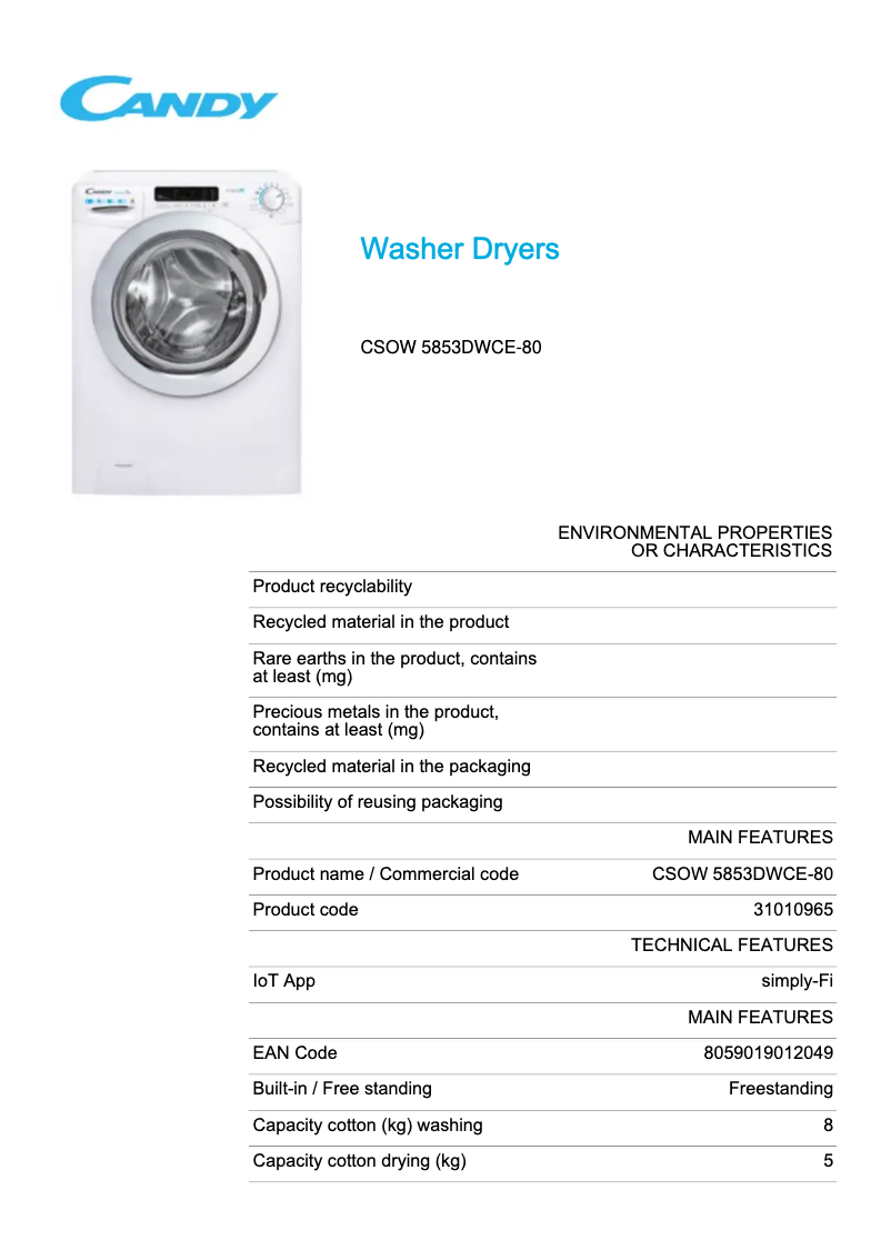 Page 1 de la notice Fiche technique Candy CSOW 5853DWCE-80